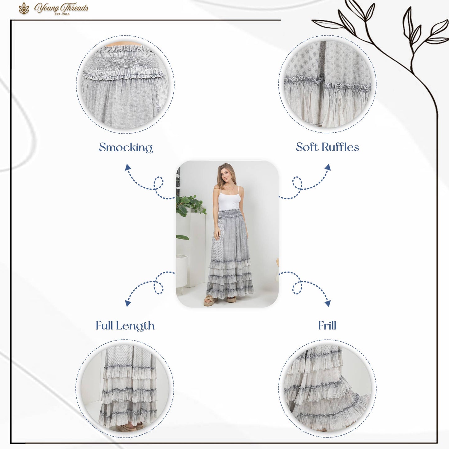 Young Threads - Rustic Textured Smocked Waist Ruffled Tiered Maxi Skirt