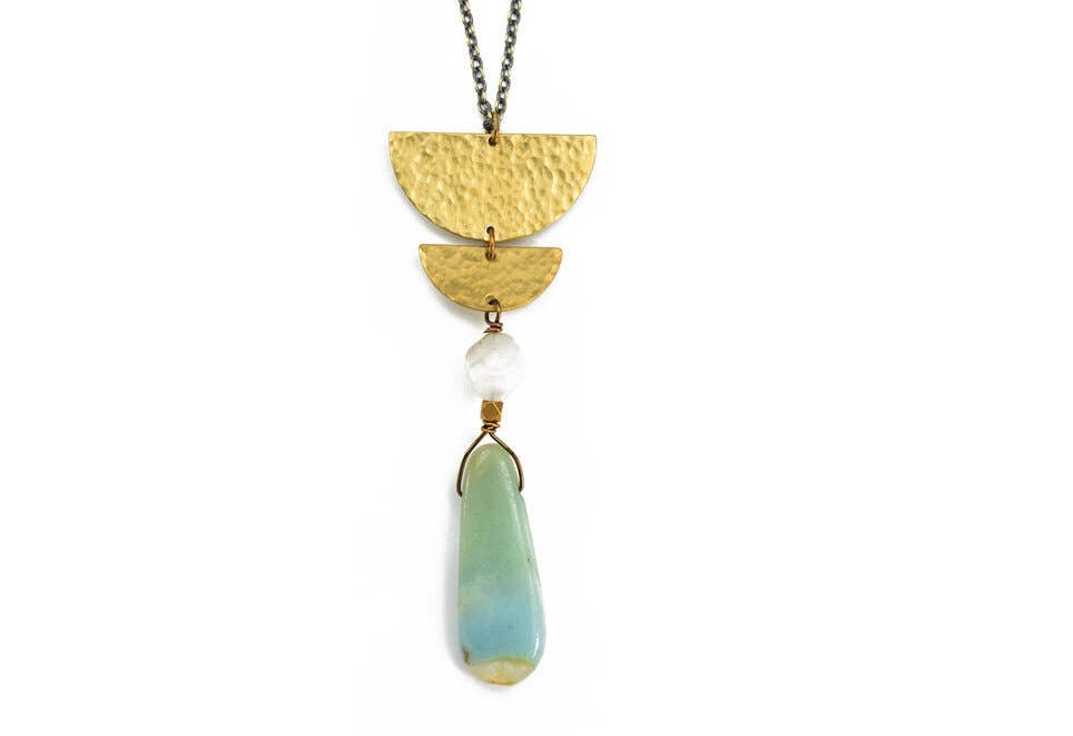 Edgy Petal Jewelry - Amazonite Teardrop and Natural Agate Long Necklace Hammered