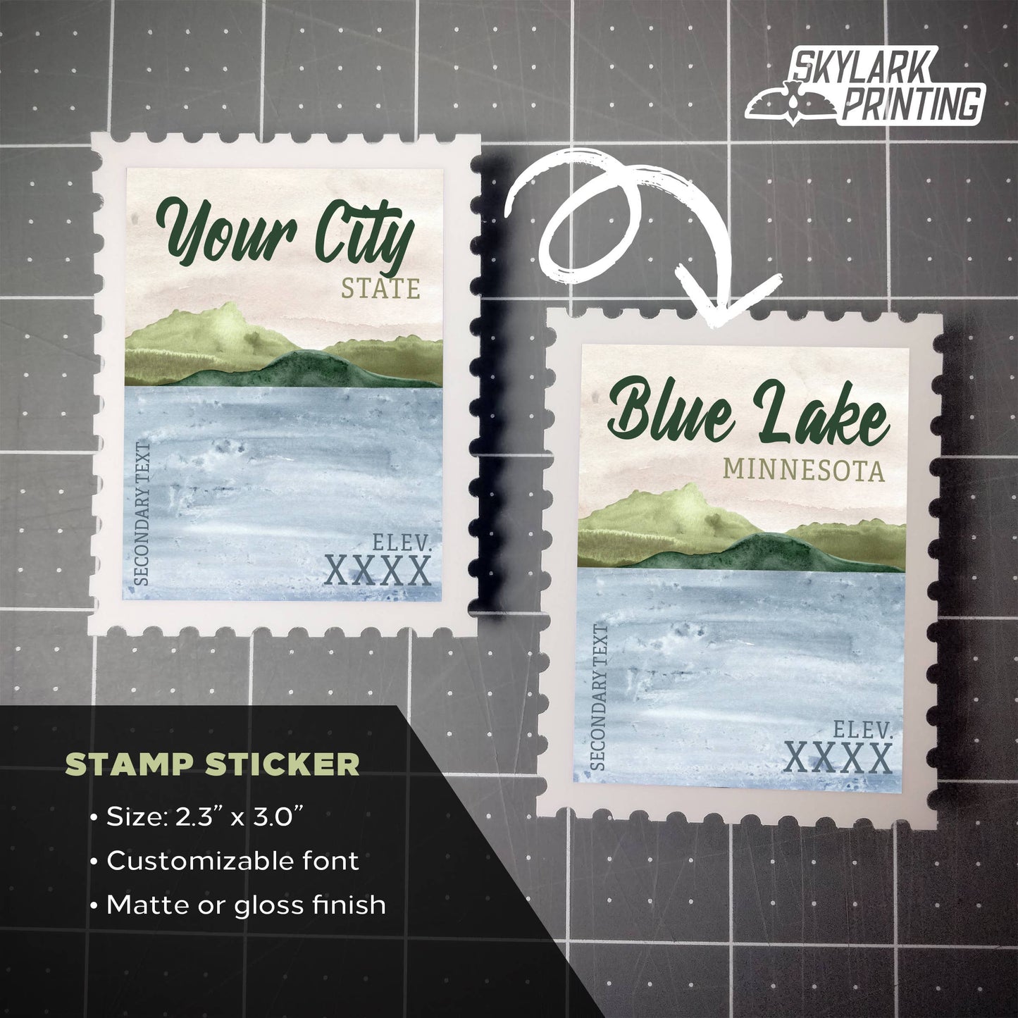 Skylark Printing - Lake Souvenir Sticker in Stamp Shape with Your City, State