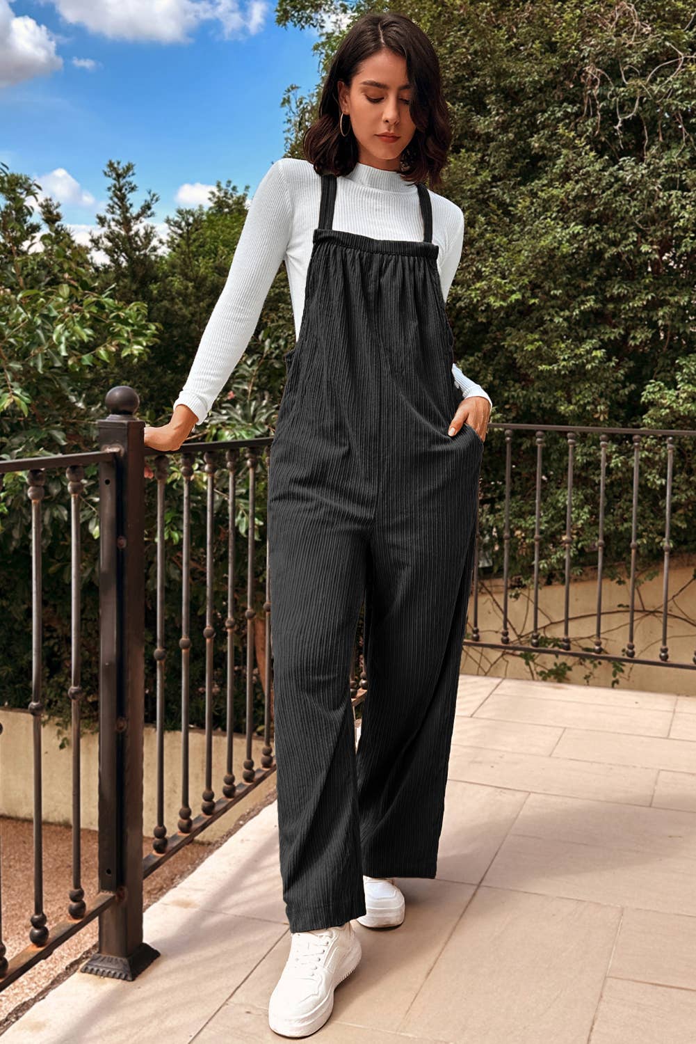 1 the Woman - Morn Solid Pocketed Loose Fit Corduroy Overall