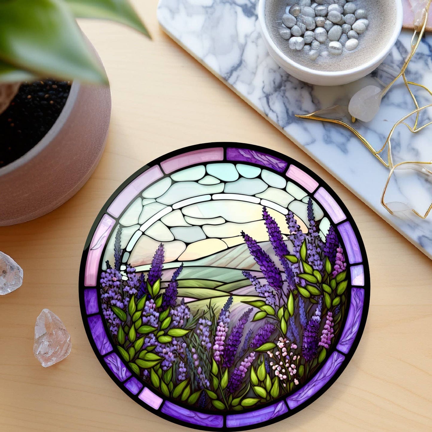 Fernville Creations - Lavender Floral Ceramic Coaster, Eco-Friendly Home Decor