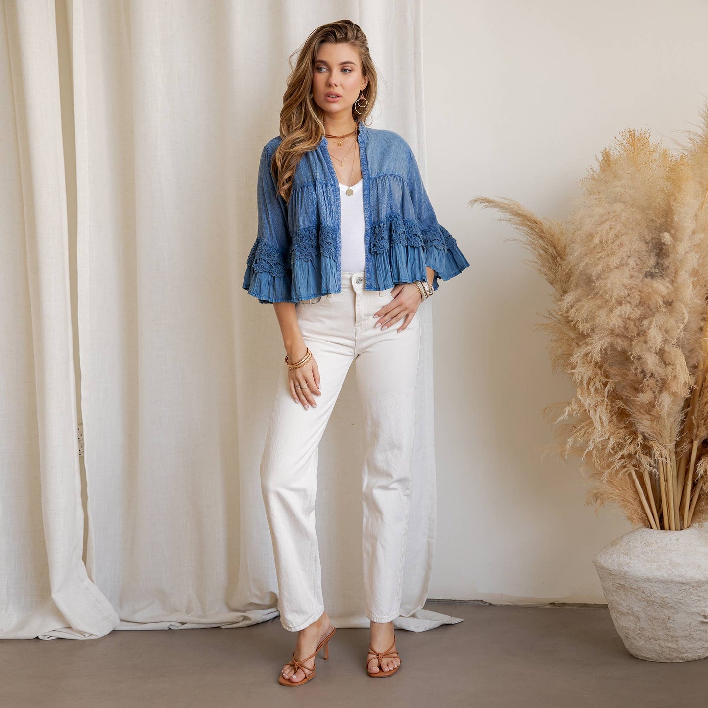 Young Threads - Mineral Wash Tiered Crochet Lace Open Front Shrug - 3 Colors