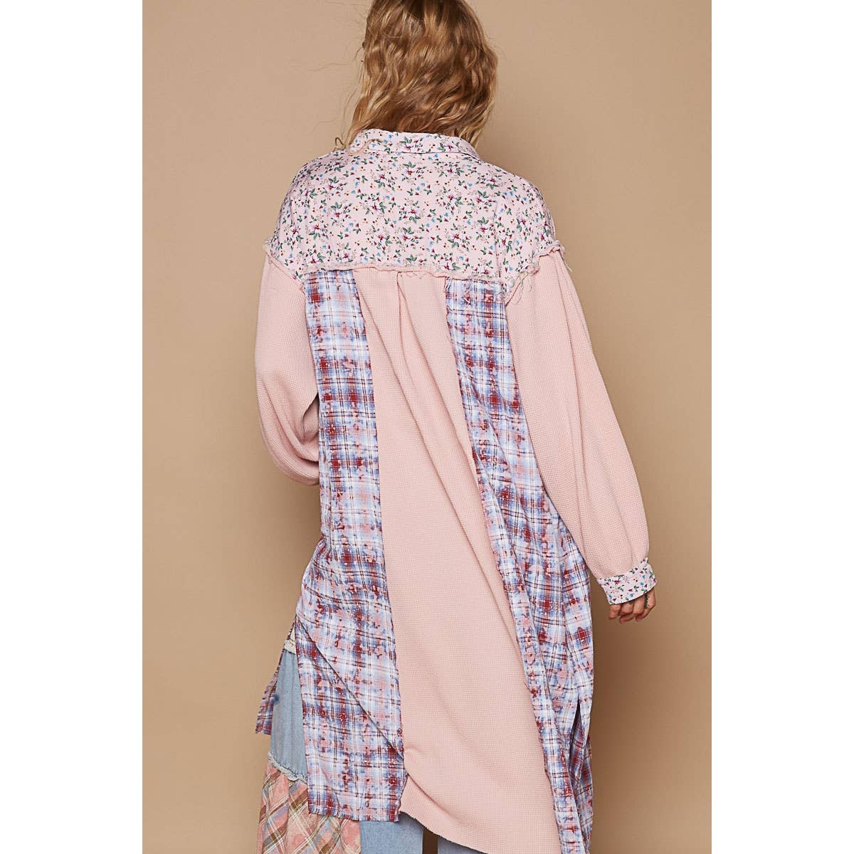 Pol Clothing - Balloon sleeve plaid floral contrast long placket jacket