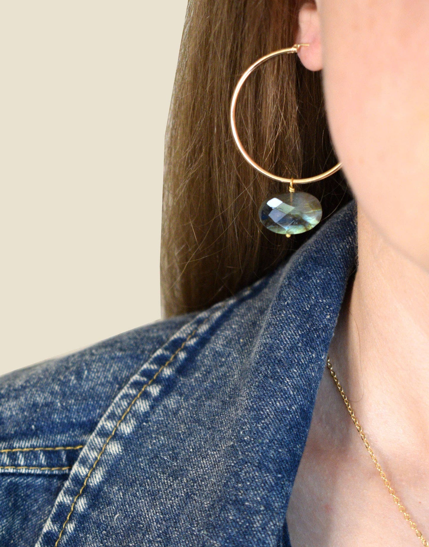 Edgy Petal Jewelry - Olivia Labradorite Oval Gold Hoops