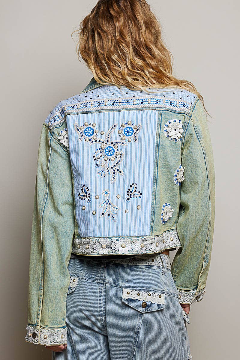 Pol Clothing - Cropped Pearl Studs Floral Patch Trim Denim Jacket
