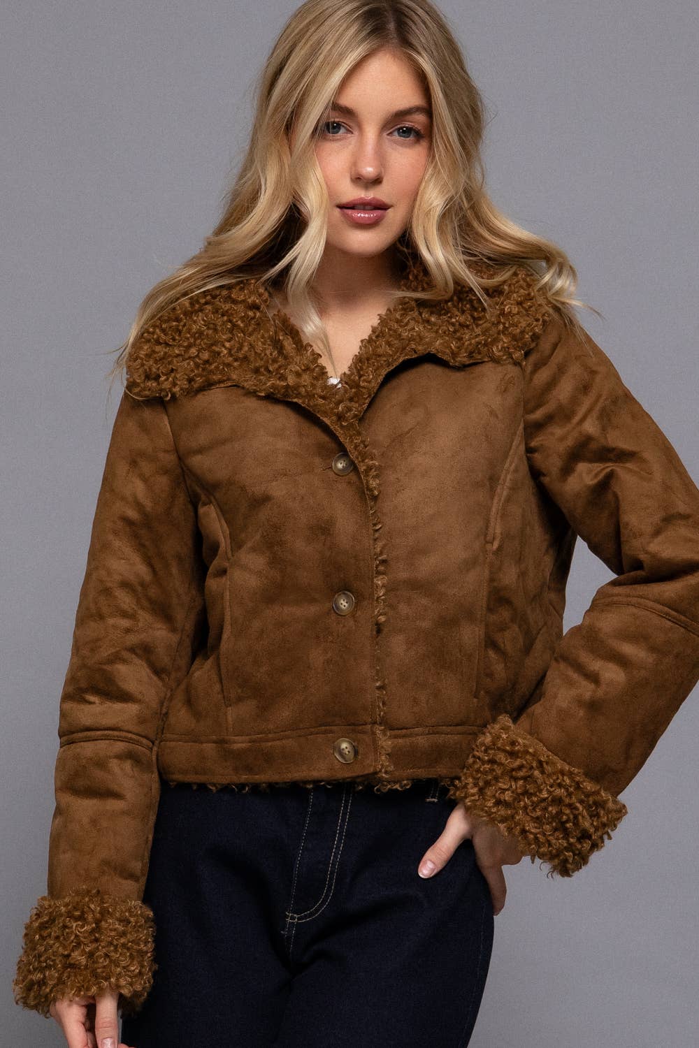Active Basic | Active USA - Long Sleeve Inside Fur Detail Penny Lane Suede Short Jacket
