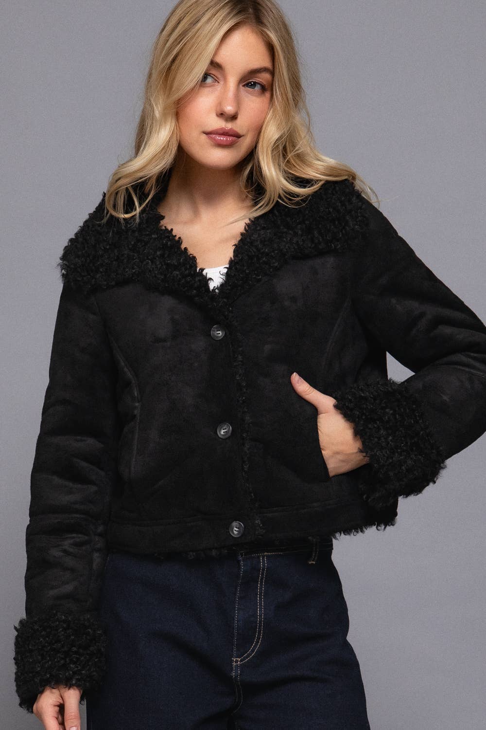 Active Basic | Active USA - Long Sleeve Inside Fur Detail Penny Lane Suede Short Jacket