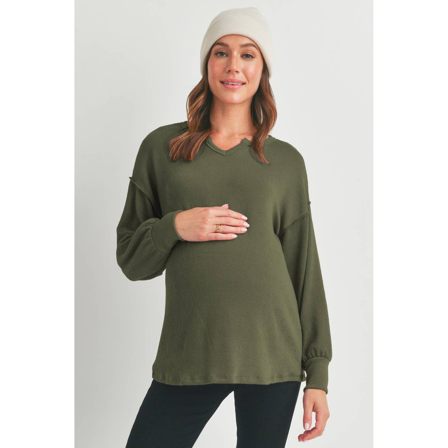 Hello Miz - Split Neck Long Sleeve Maternity Knit Top