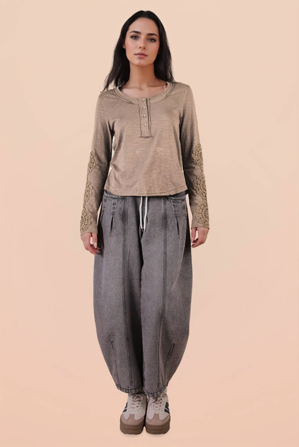 VERY J - NT12252-Sleeve Lace Trim Solid Knit Top