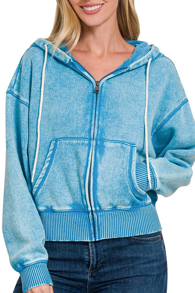 Acid Wash Fleece Cropped Zip-up Hoodie W Pockets: 2-2-2 (S-M-L) / LT OLIVE