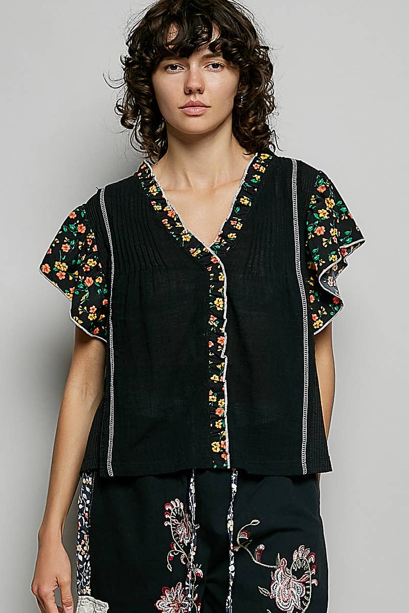 Pol Clothing - V neck Ruffle Sleeve Pintuck Contrast Woven Top