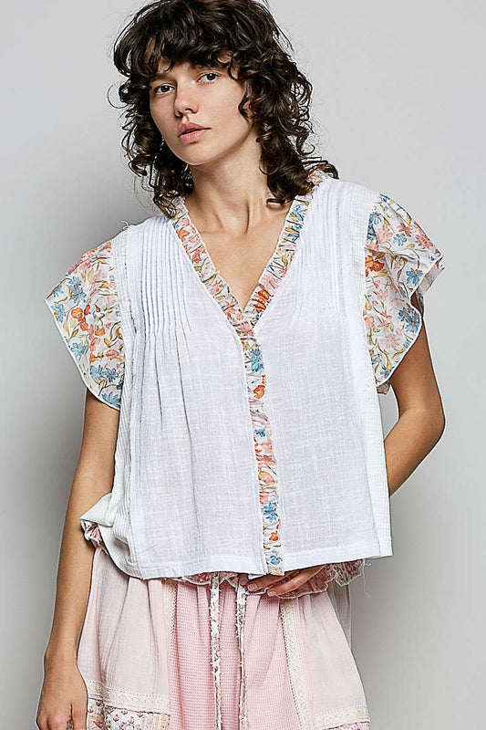 Pol Clothing - V neck Ruffle Sleeve Pintuck Contrast Woven Top