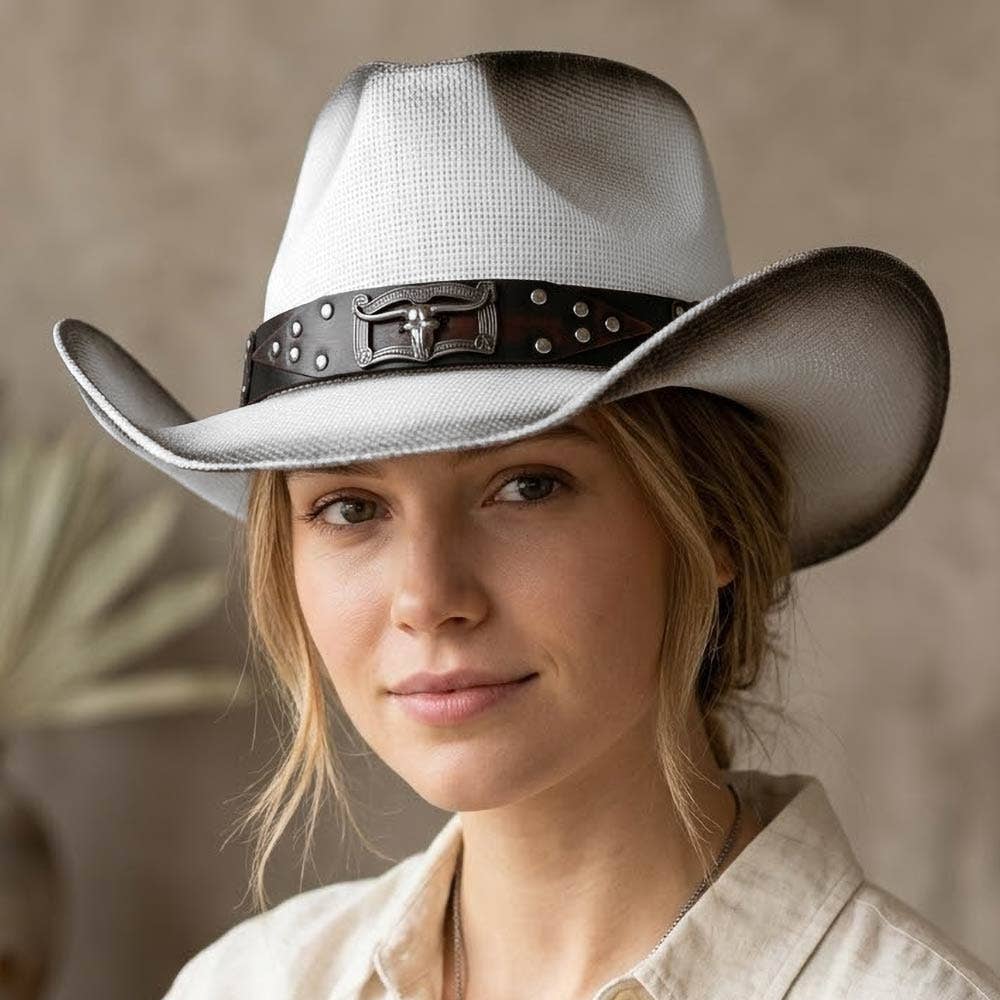 Sensibling Corp. - Steer Head Accent Studded Faux Leather Band Western Straw Cowboy Hat