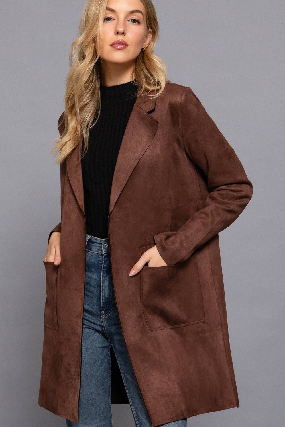 Active Basic | Active USA - Long Sleeve Open Front Faux Suede Jacket