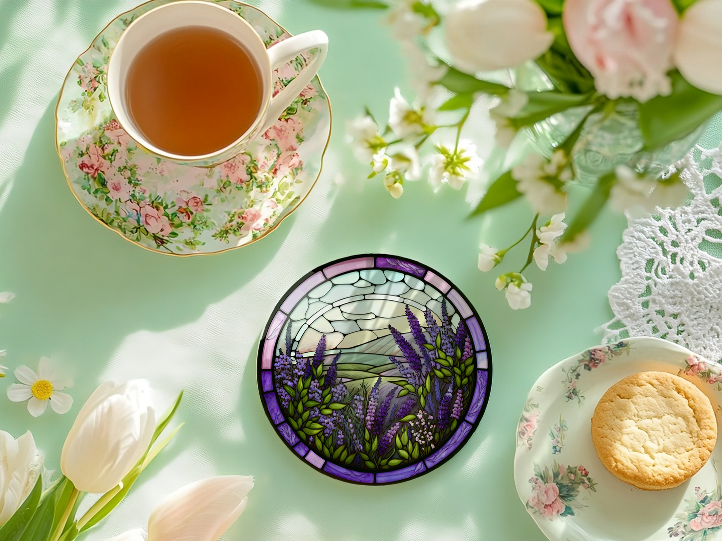 Fernville Creations - Lavender Floral Ceramic Coaster, Eco-Friendly Home Decor