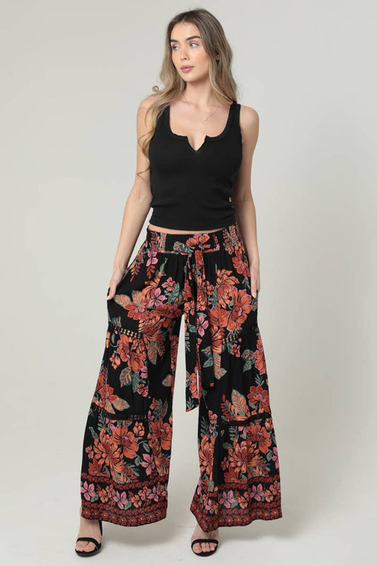 ANGIE - 25T18-A921 WIDE LEG LACE INSERTS TIE WAIST PANTS