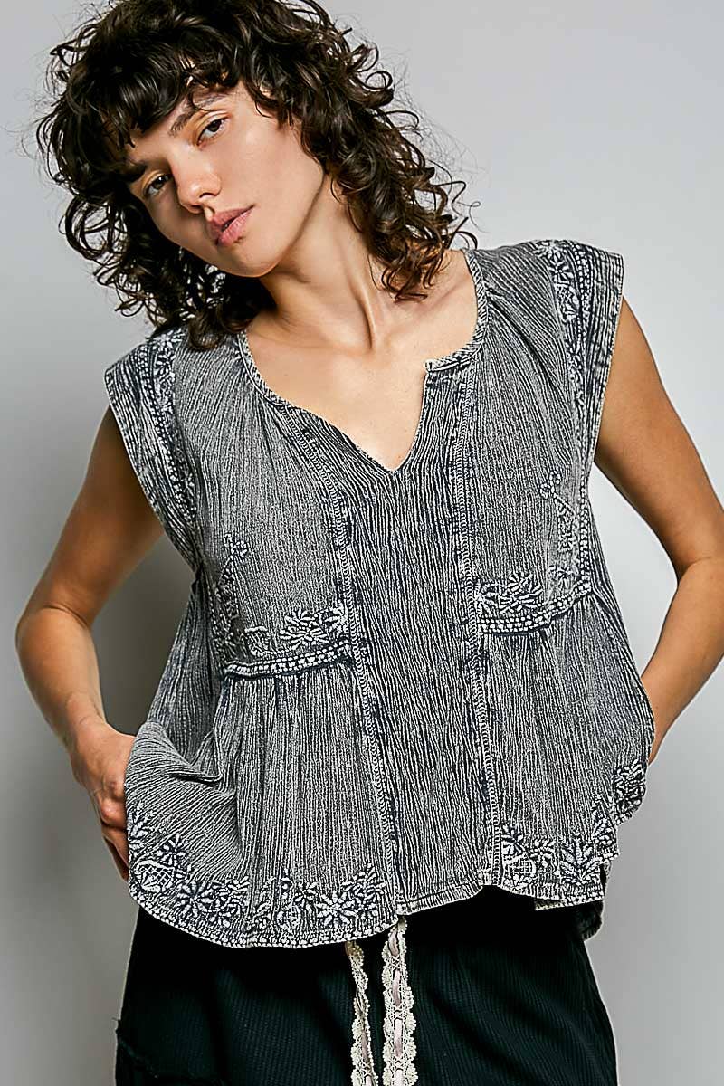 Pol Clothing - V-neck Sleeveless Vintage Washing Solid Linen Woven Top