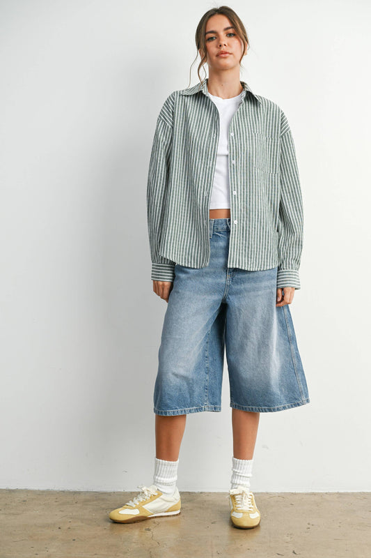 BUTTERMELON - Cropped Striped Button-Up Collared Long Sleeve Top - BMT7915