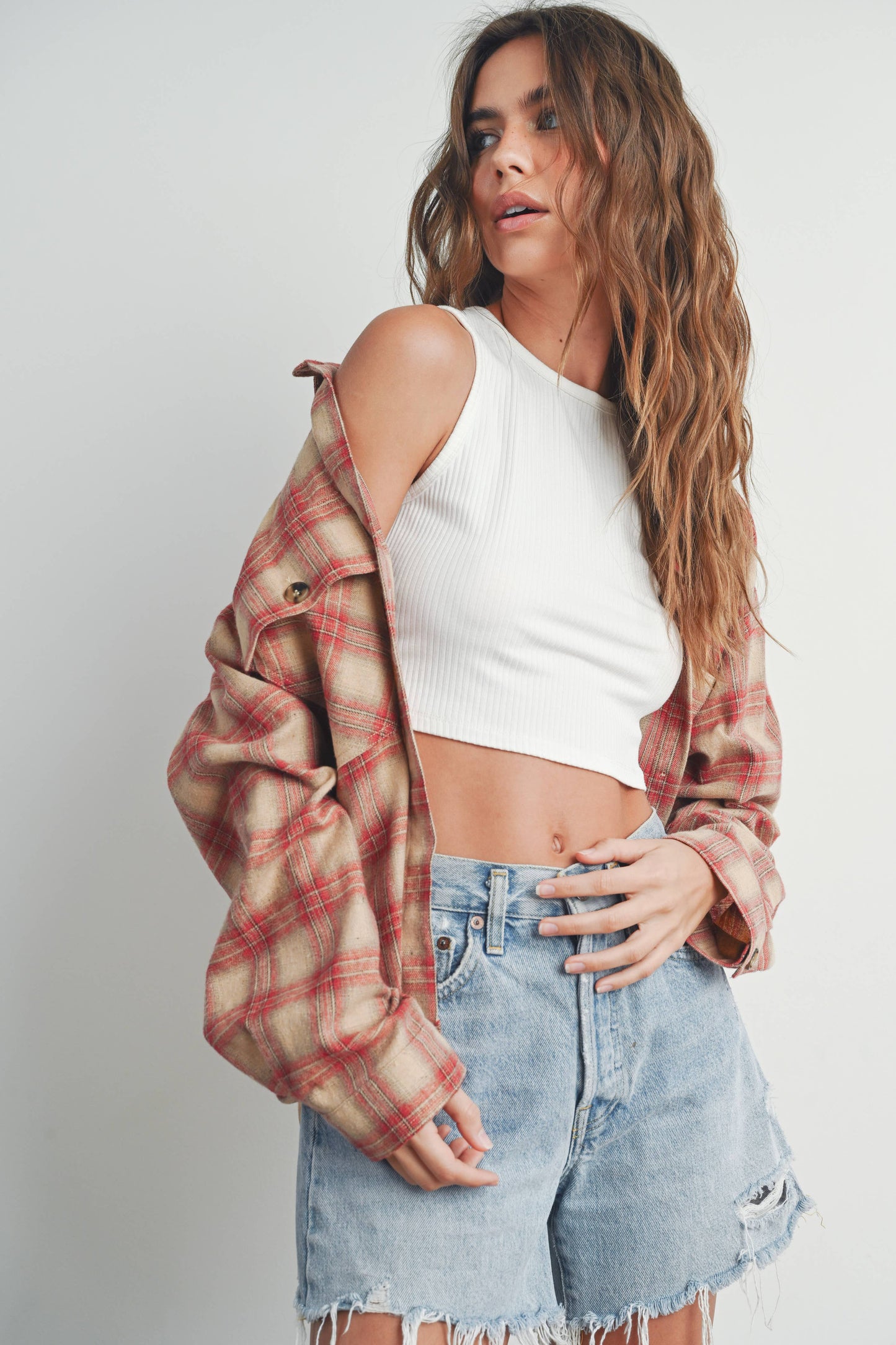 BUTTERMELON - Plaid Long-Sleeve Shirt Jacket - BMJ7328