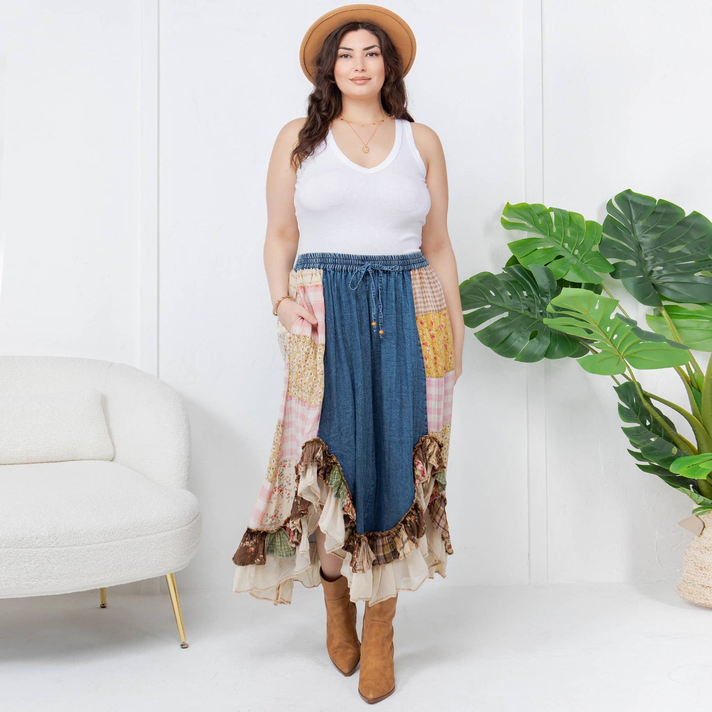 Young Threads - Western Boho Chic: Patchwork Midi Skirt