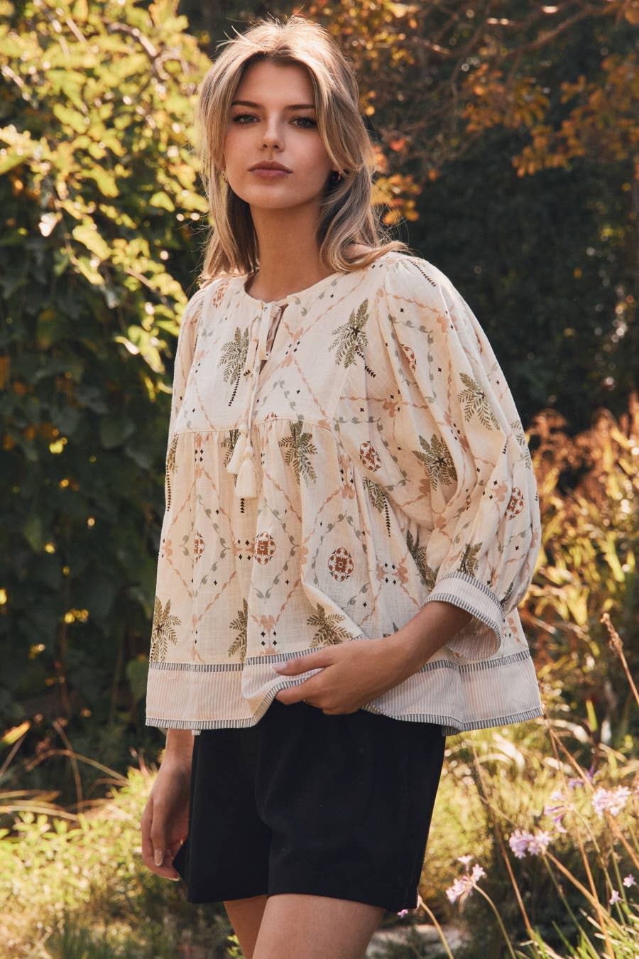 Oddi - Tropical Printed Woven Peasant Blouse