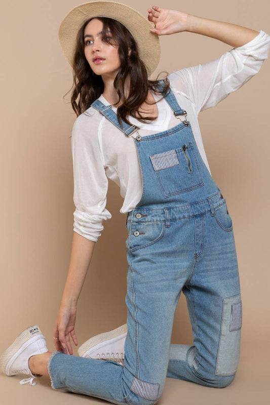 Pol Clothing - Front Chest Zipper Denim Overalls with Slim Legs