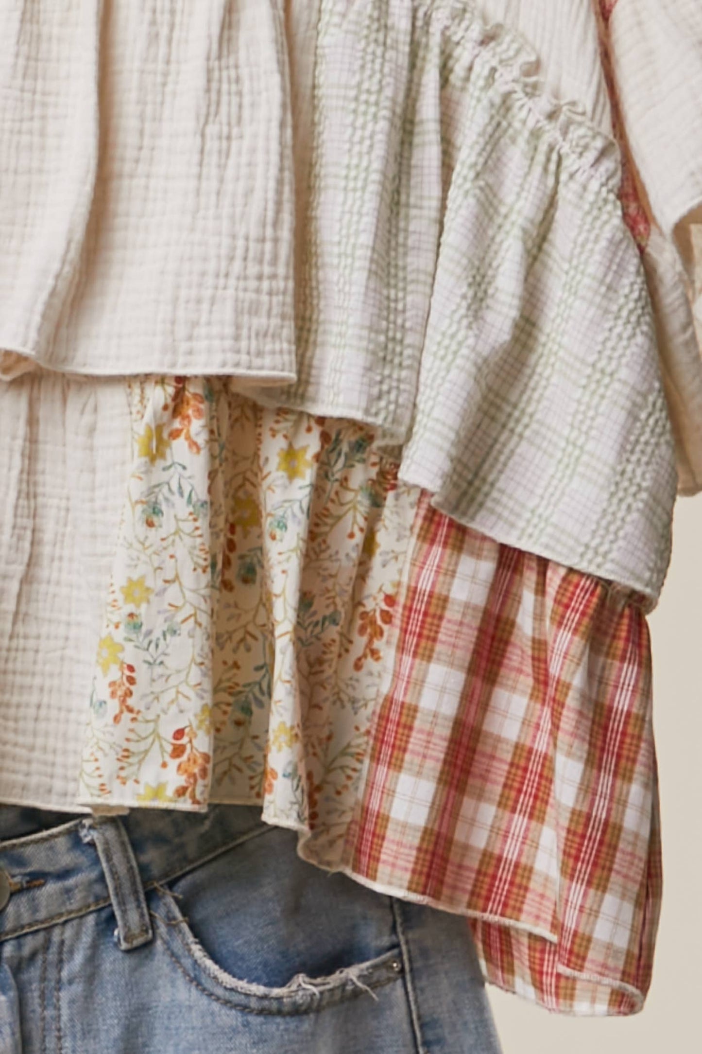 Mello. - Vintage Patchwork Ruffle Hem Top