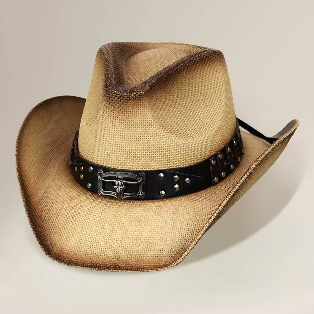 Sensibling Corp. - Steer Head Accent Studded Faux Leather Band Western Straw Cowboy Hat