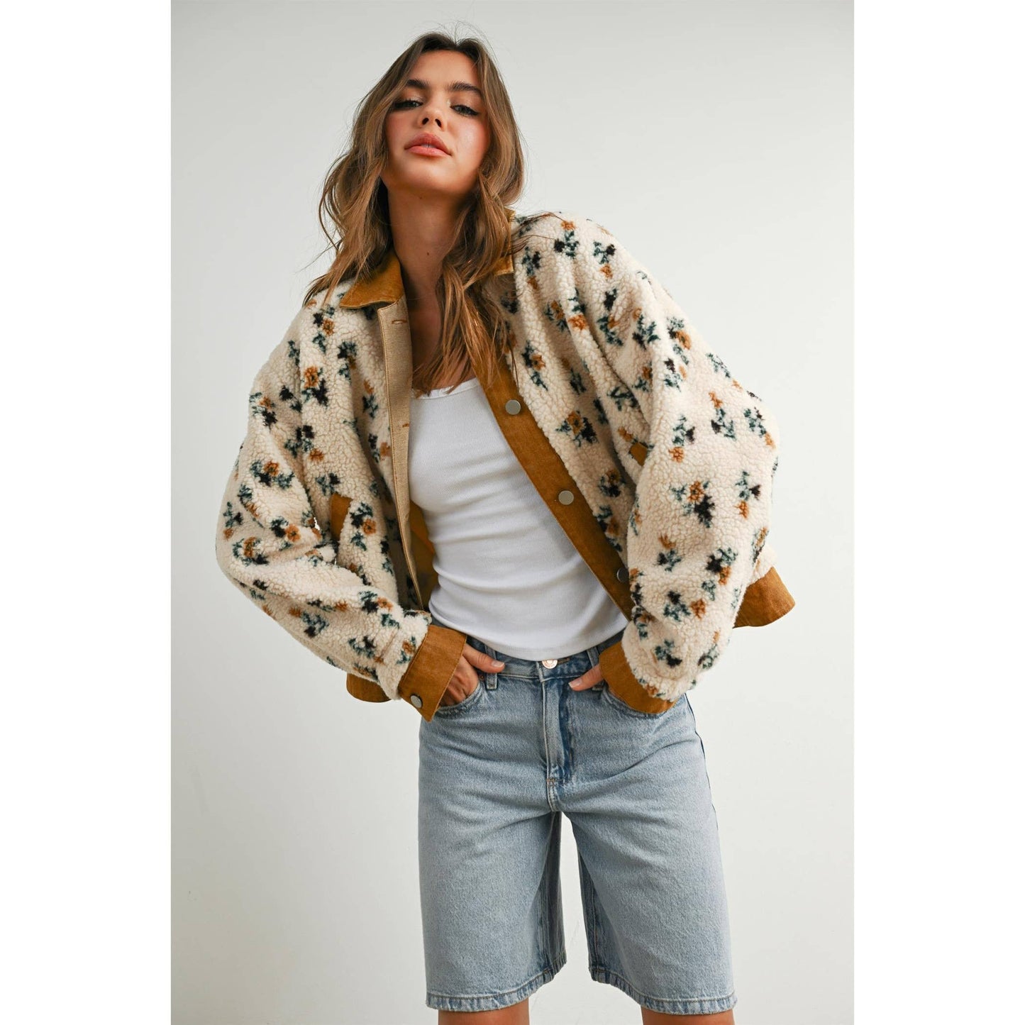BUTTERMELON - Floral  Collared Button-Down Jacket - BMJ7881