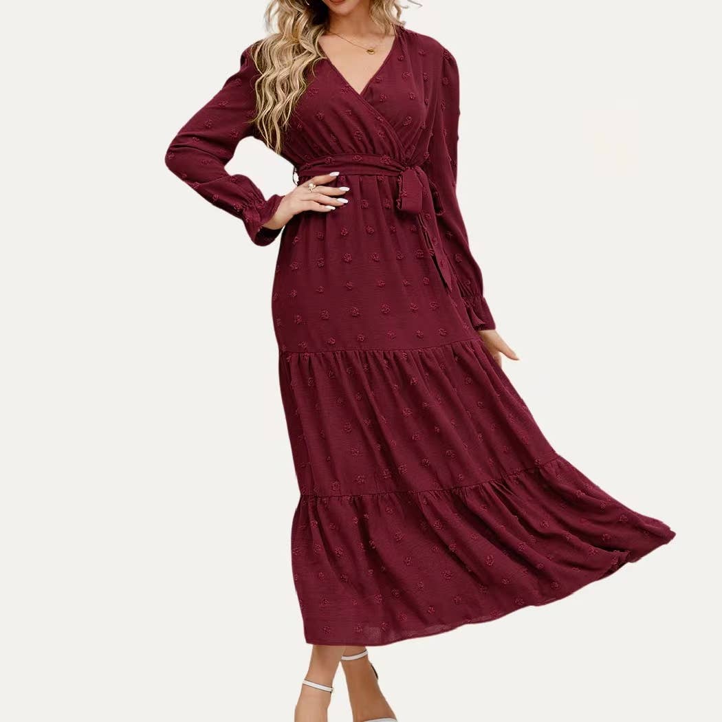 The Moment Collection - Classic Swiss Dot Surplice Neck Long Sleeve Maxi Dress