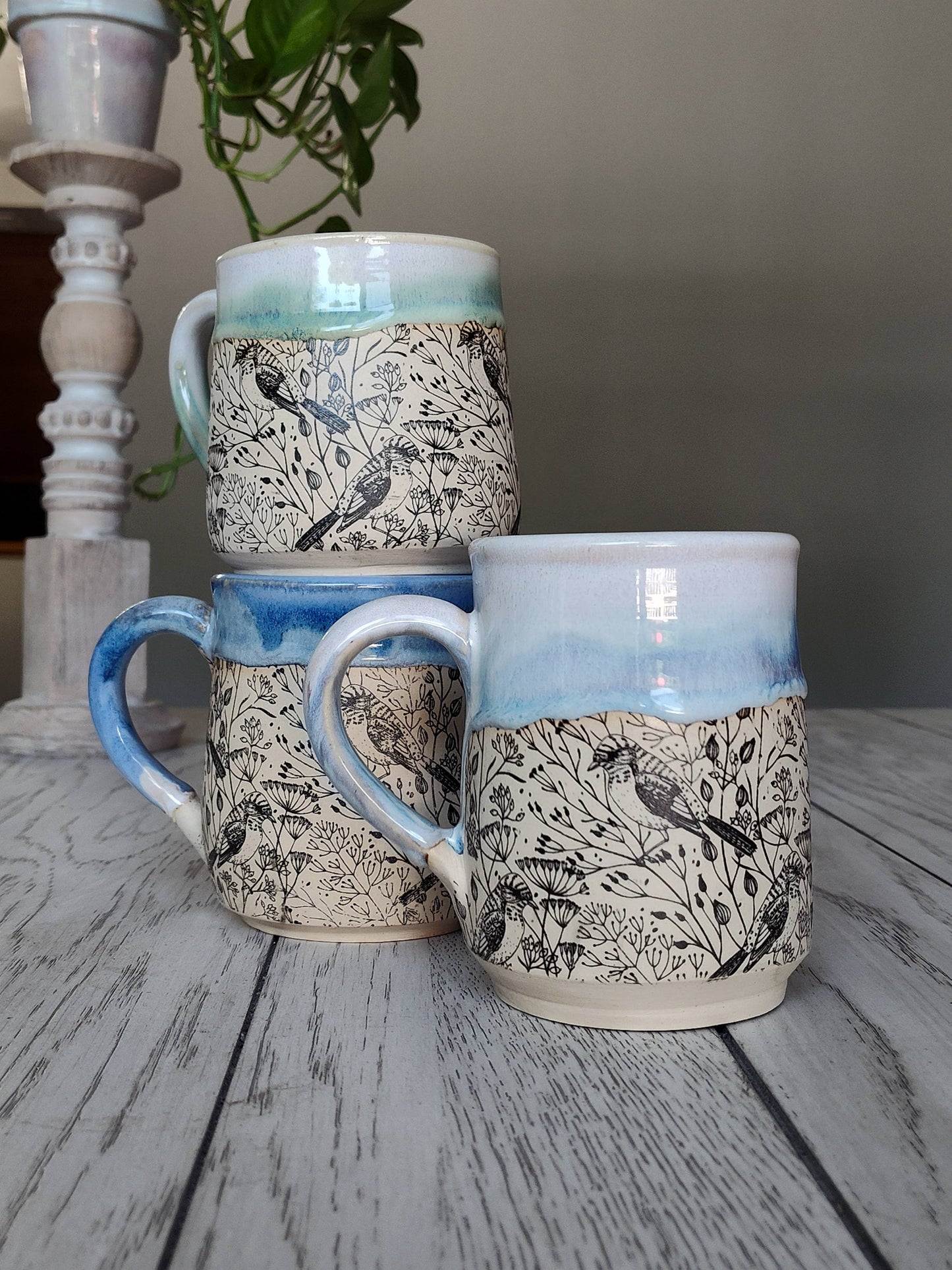Rise and Design Art Studio - Floral Bird Textured Mug with Green Accents (12–16oz)