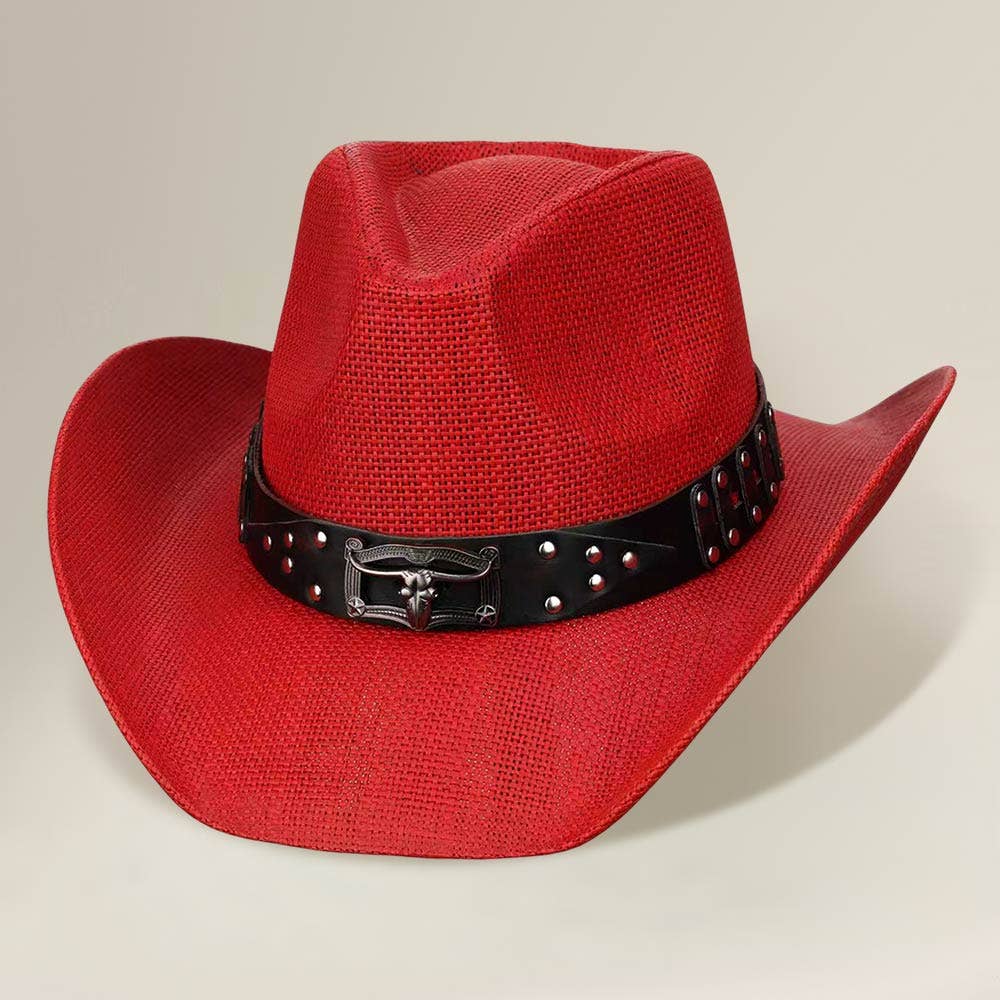 Sensibling Corp. - Steer Head Accent Studded Faux Leather Band Western Straw Cowboy Hat