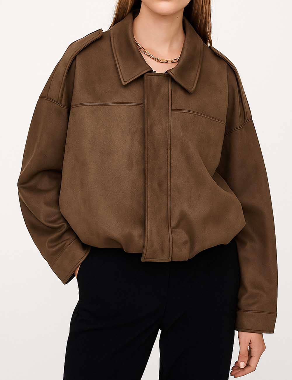 Sweetkama - Ladies Faux Suede Bomber Jacket Shirt Collar Zip-Up Coat