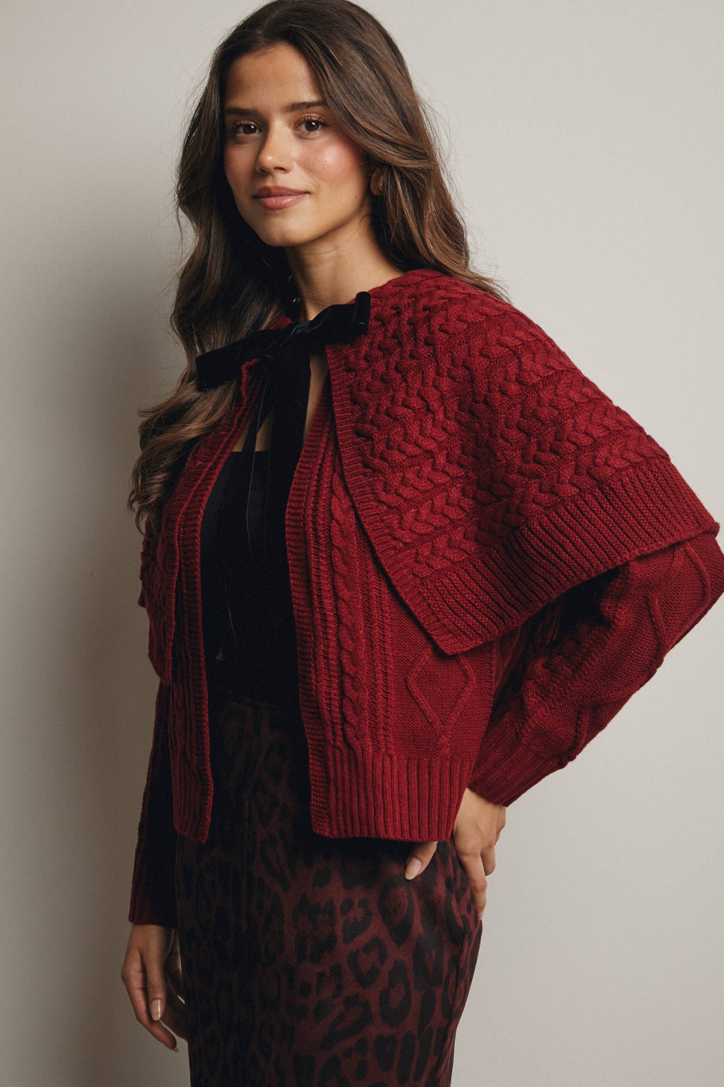 Forte - Cable Knit Capelet Cardigan with Velvet Bow FSW0017