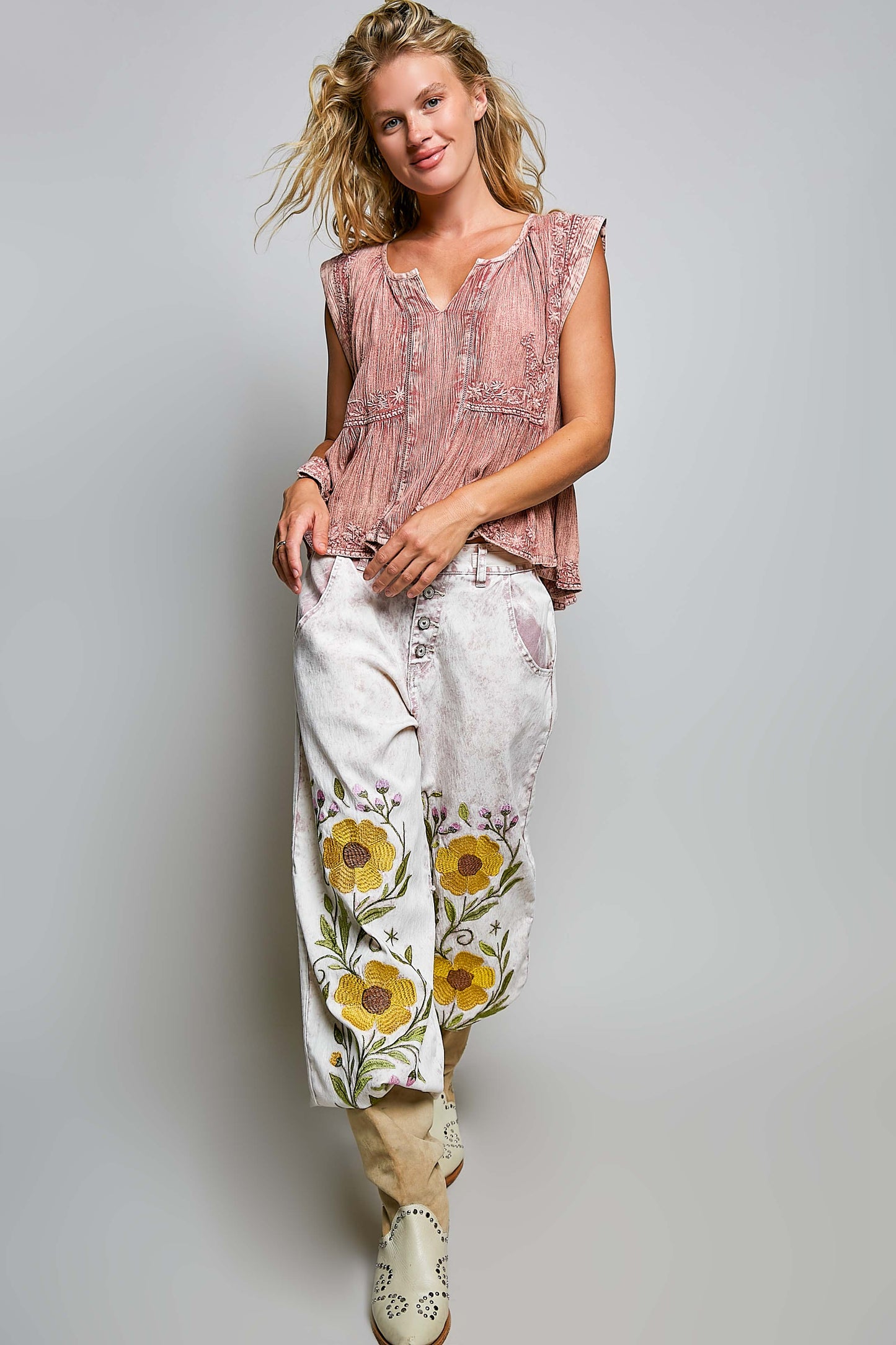 Pol Clothing - V-neck Sleeveless Vintage Washing Solid Linen Woven Top