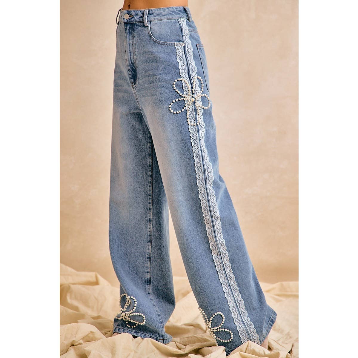 BiBi - LACE TRIM PEARL FLORAL WIDE LEG JEANS