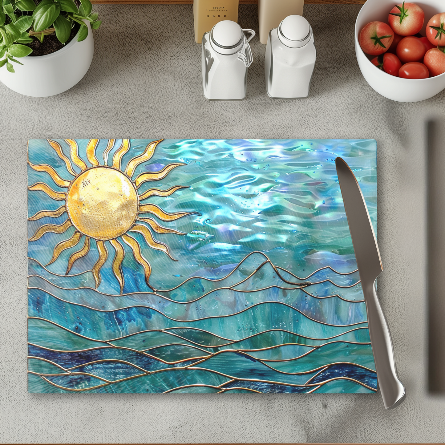 Fernville Creations - Tempered Glass Cutting Board: Ocean Sun Charcuterie Tray