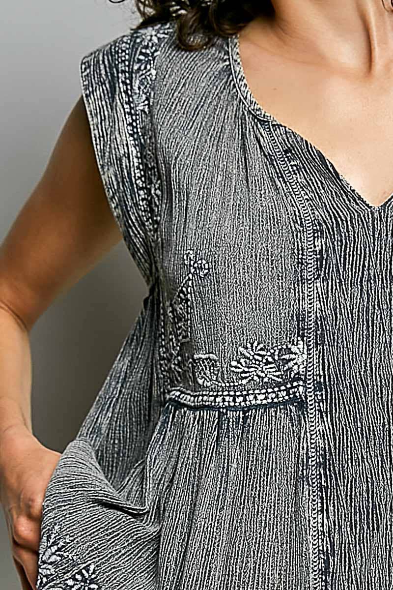 Pol Clothing - V-neck Sleeveless Vintage Washing Solid Linen Woven Top
