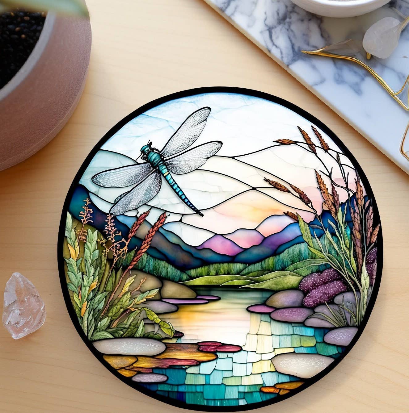 Fernville Creations - Dragonfly Ceramic Coaster: Tabletop Decor Piece