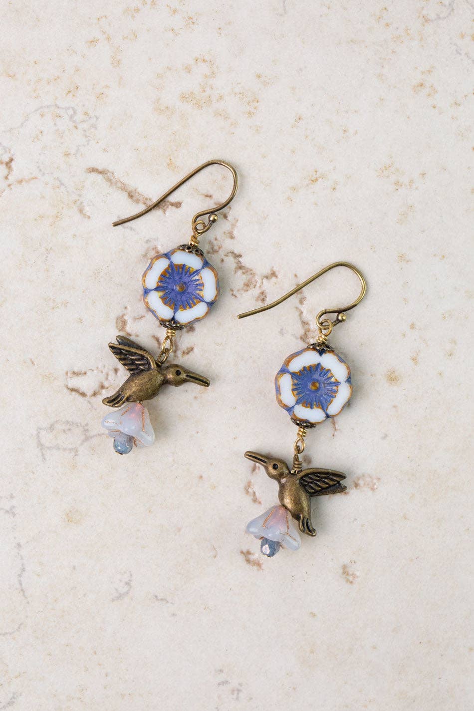 Anne Vaughan Designs Jewelry - Czech Glass Flower with Hummingbird Dangle Earrings