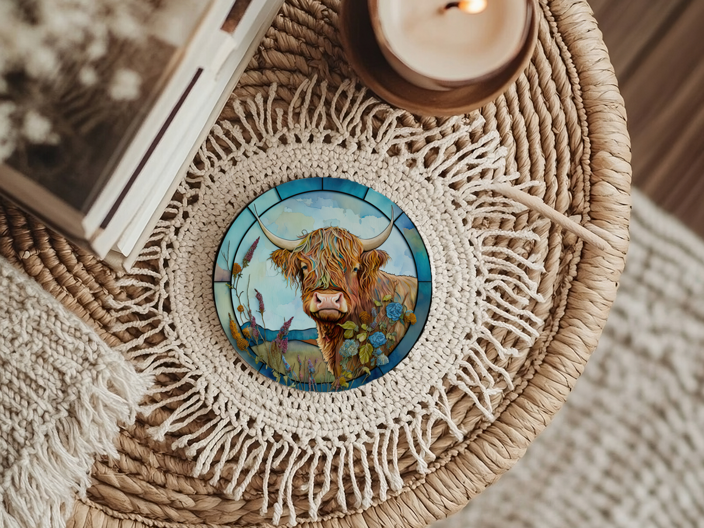 Fernville Creations - Highland Cow Coaster, Farmhouse Decor, Printed Stained Glass