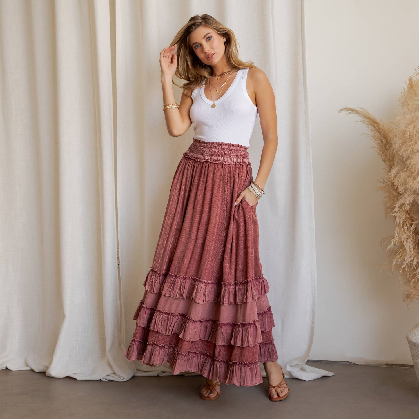 Young Threads - Rustic Textured Smocked Waist Ruffled Tiered Maxi Skirt