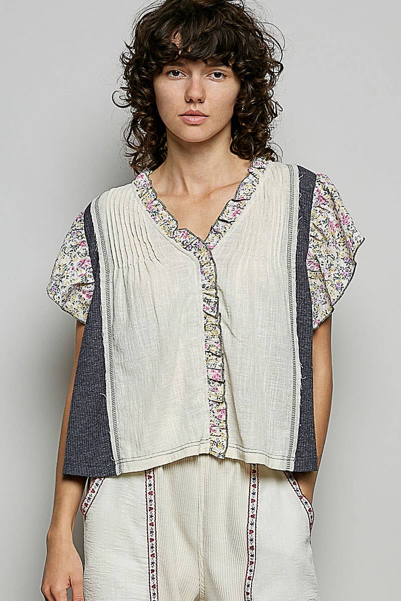 Pol Clothing - V neck Ruffle Sleeve Pintuck Contrast Woven Top