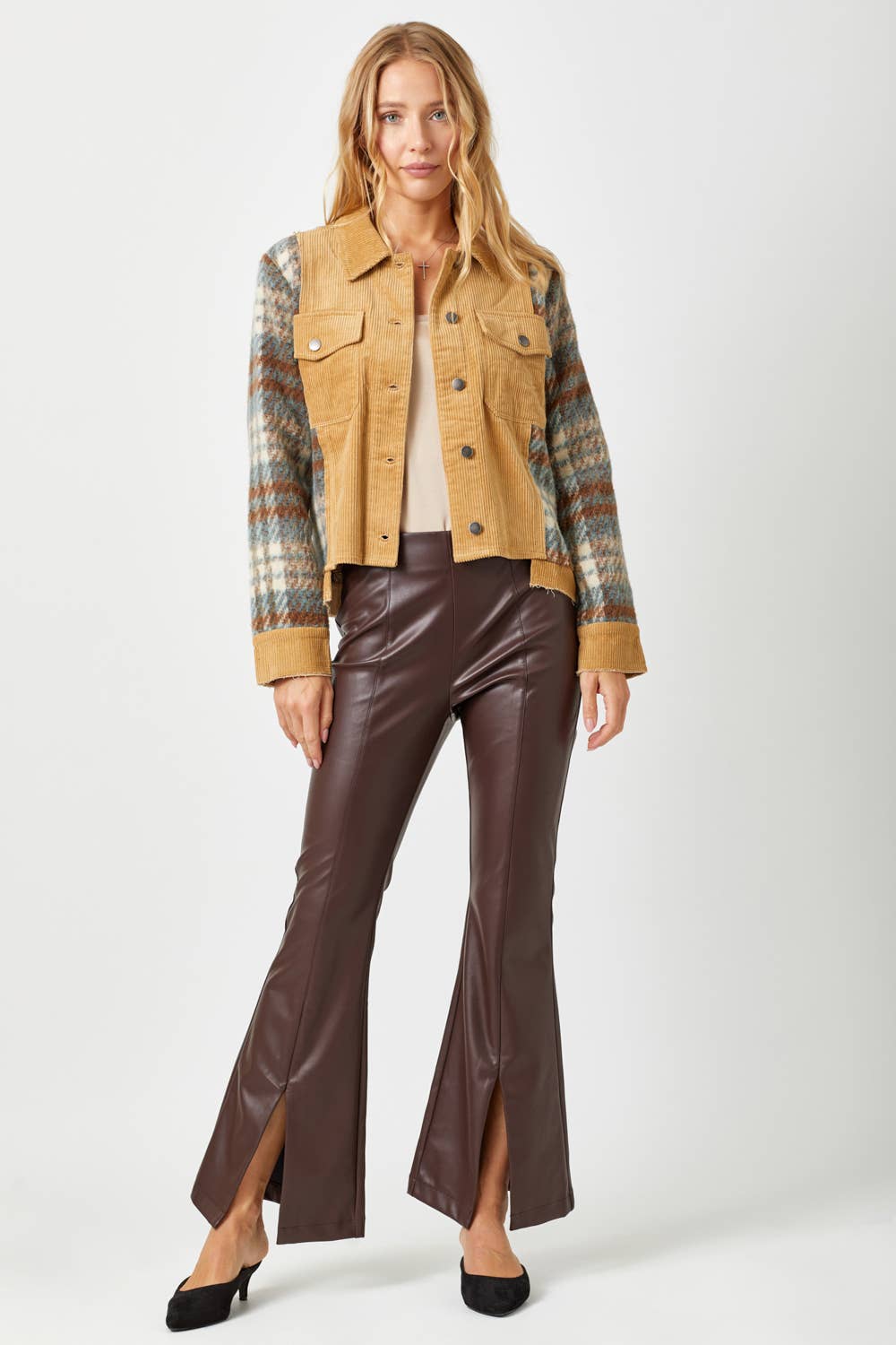 Mystree - 60213 Plaid Sleeve Corduroy Jacket