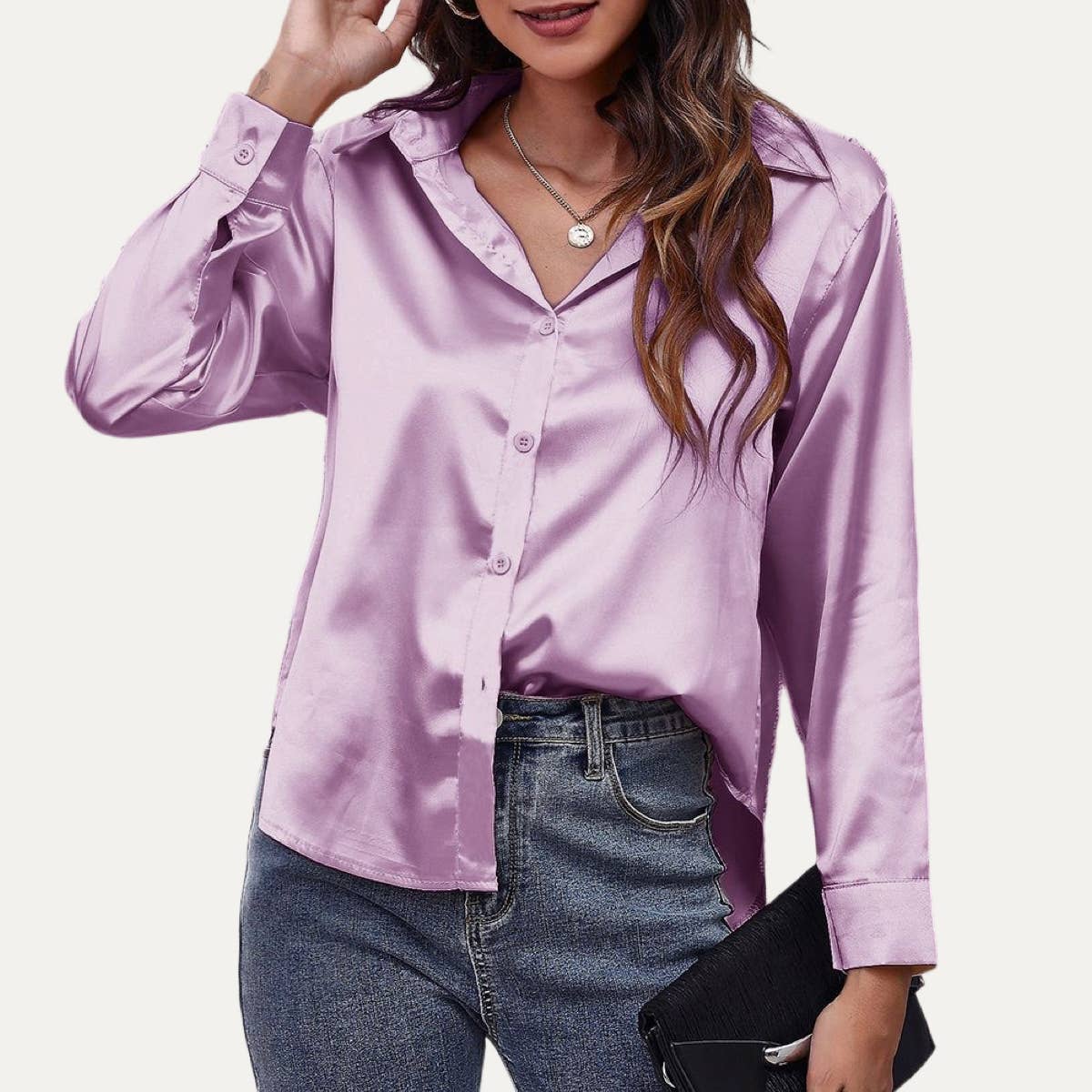 Easily Chic Solid Long Sleeve Button-Up Satin Shirt: BROWN / M