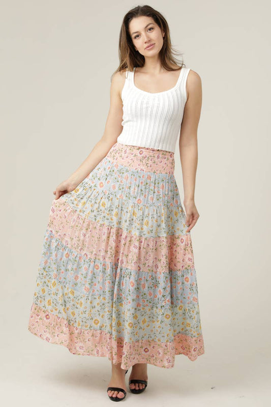 ANGIE - 26P57-W917 MIX PRINT TIERED A LINE MAXI SKIRT SMOCKED WAIST