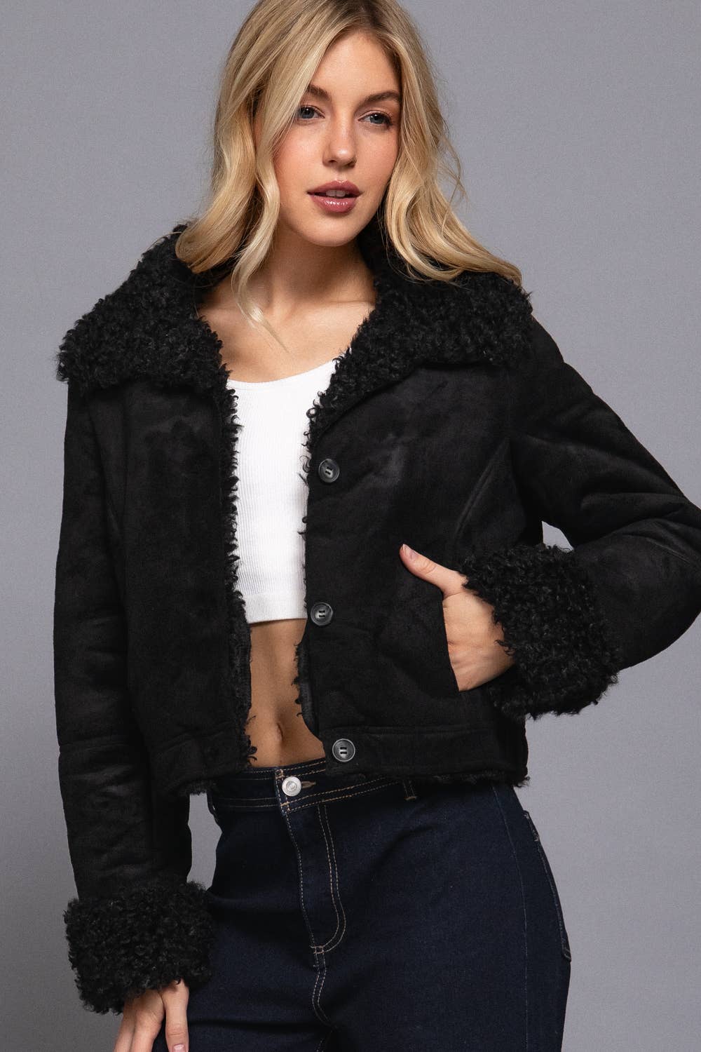 Active Basic | Active USA - Long Sleeve Inside Fur Detail Penny Lane Suede Short Jacket