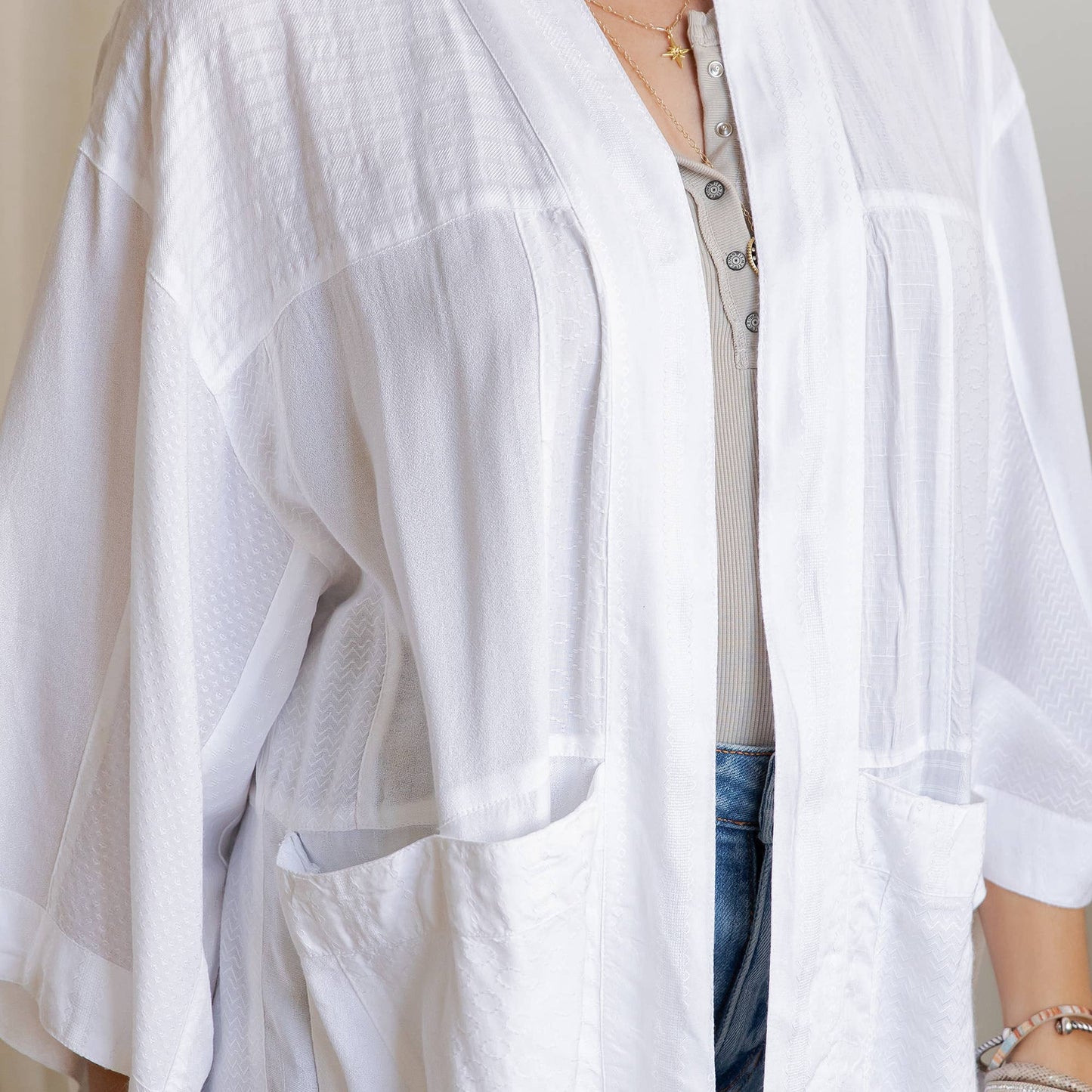 Young Threads - Boho Textured Mixed-Print Kimono with Pouch Pockets