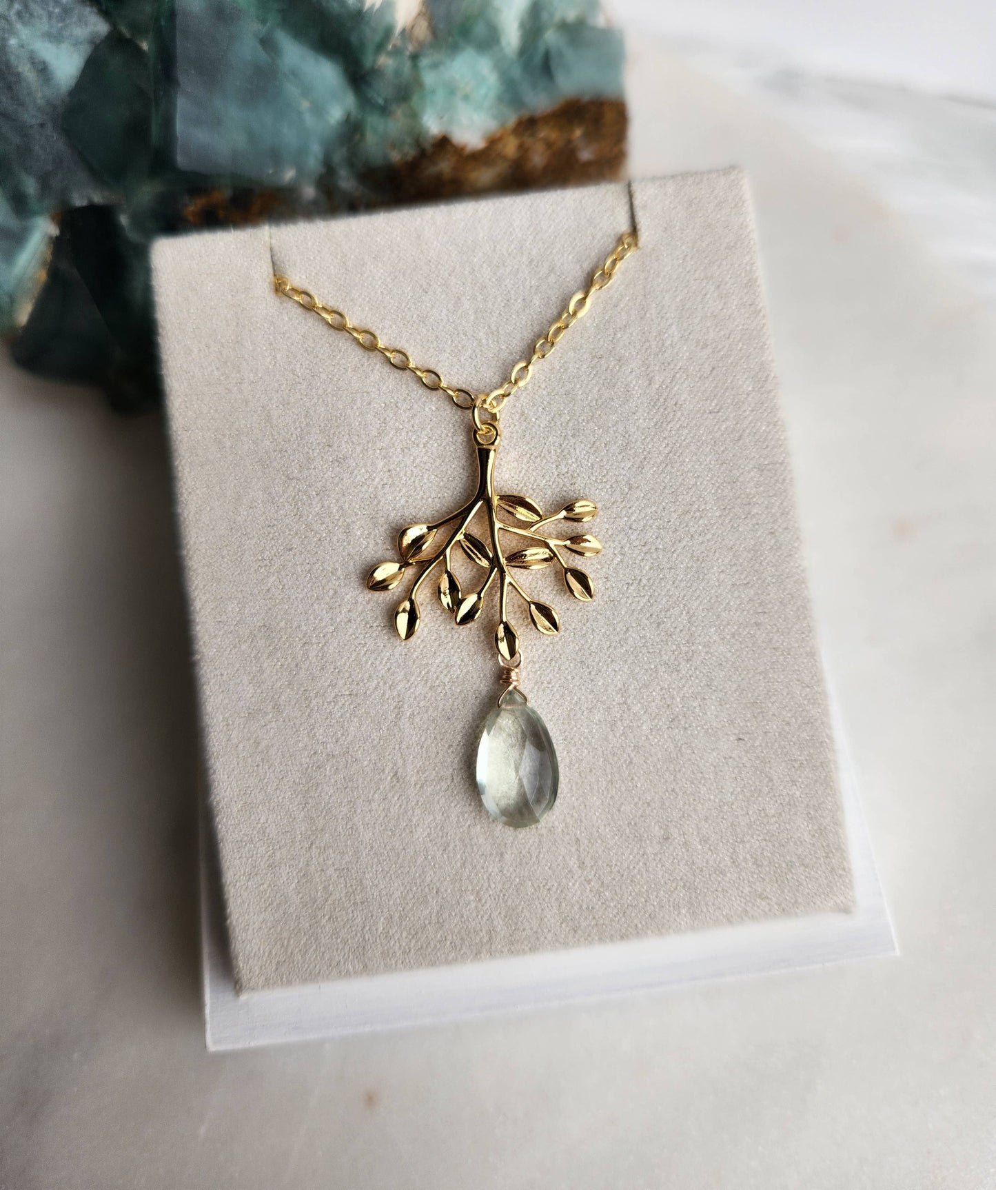 Edgy Petal Jewelry - Green Amethyst Gold Tree Pendant Necklace