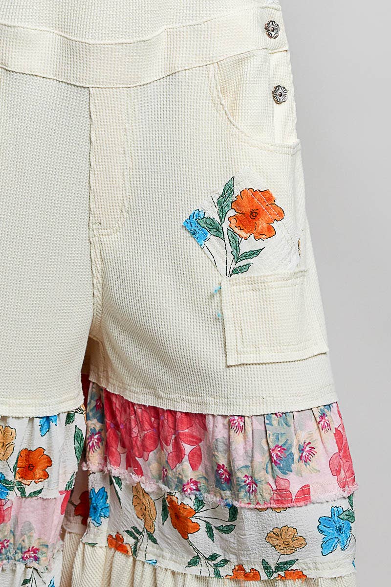 Pol Clothing - Feminine Mixed Printed Fabric Ruffle Wide Leg Overall